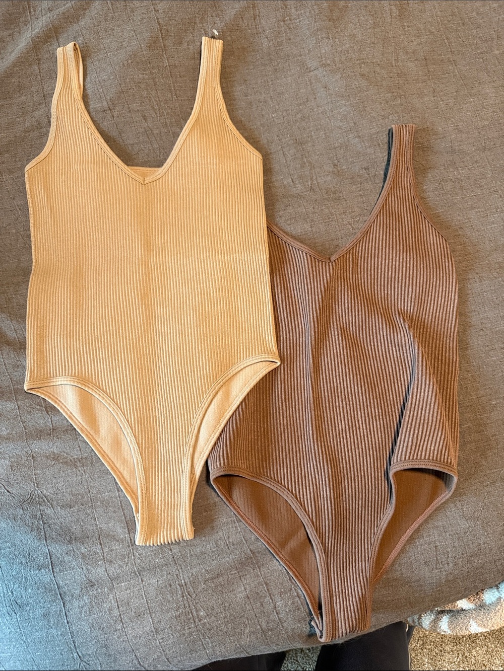 Aura Ribbed V-Neck Bodysuit Duo in Cream and Brown